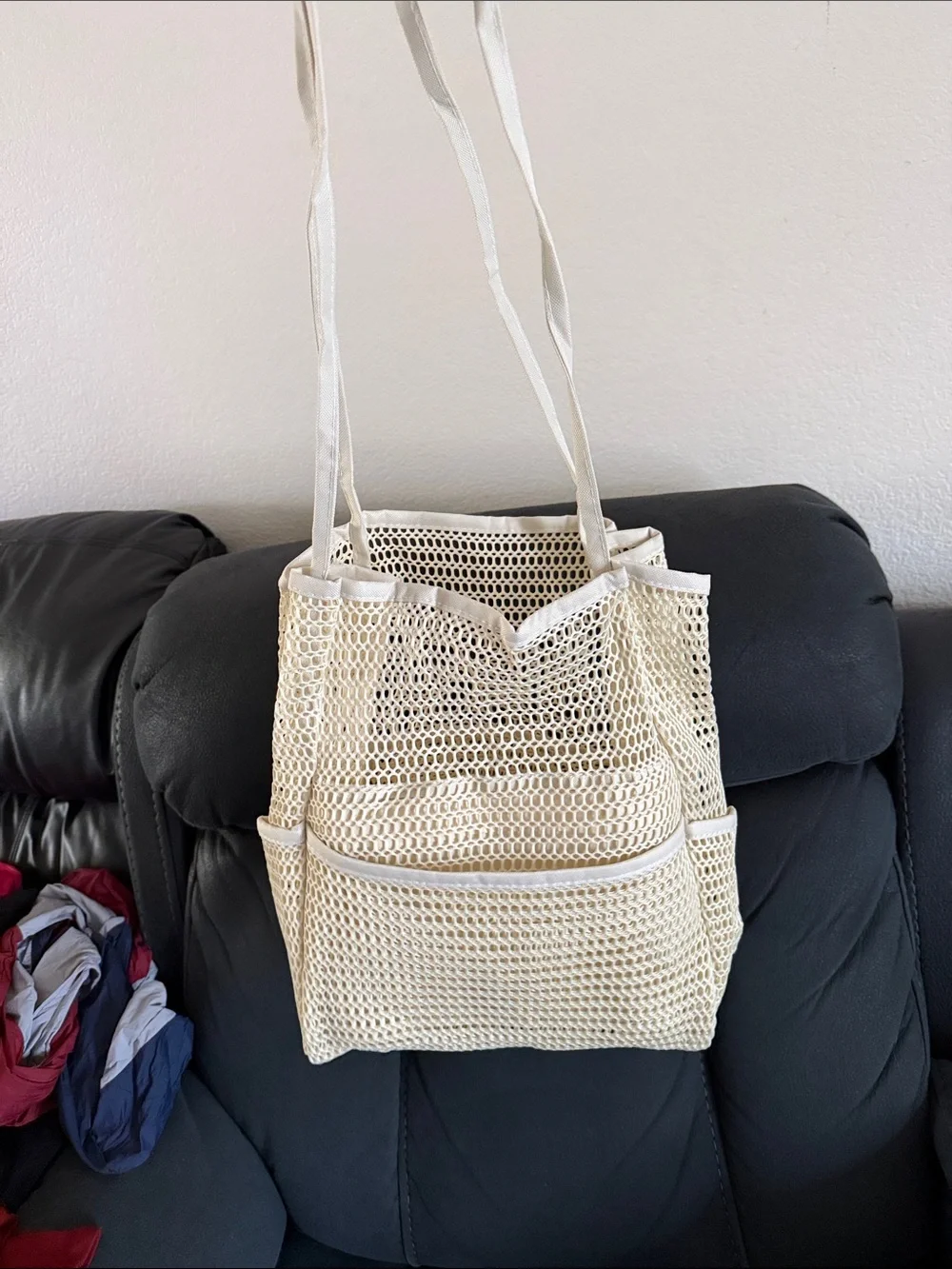 Cream Mesh Tote Bag with Shoulder Straps